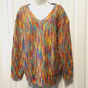 Suzanne Betro-NWT-Women's Rainbow Space Dye V Neck Sweater-Sm/Med-Purple/Orange